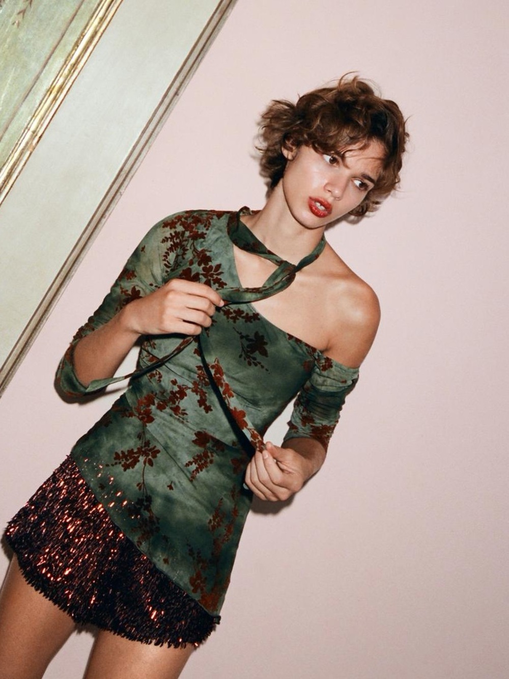 Zara Off-Shoulder Green Floral Tie-Neck Women's Top